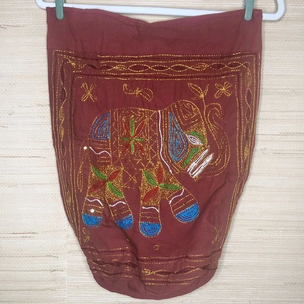 Rust Orange Indian Embroidered Elephant Fabric Hobo Backpack Bag